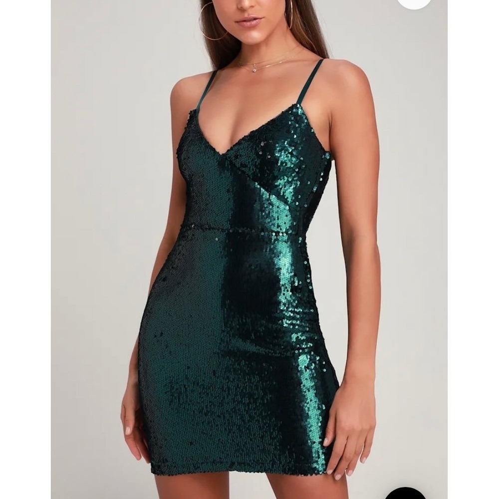 Lulus Glisten to Me Teal Green Sequin Surplice Mini Dress‎ Womens Small